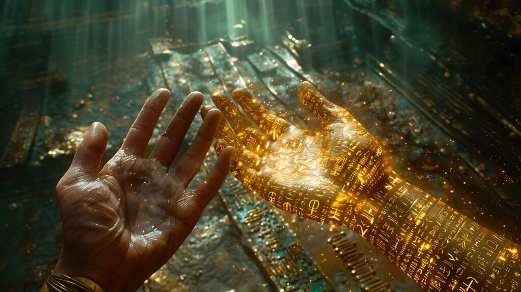 Giant hand lifting a veil woven with intricate symbols from the Book of Thoth